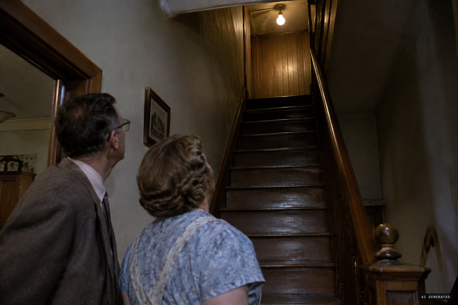 Footsteps on the wooden stairway in the empty house