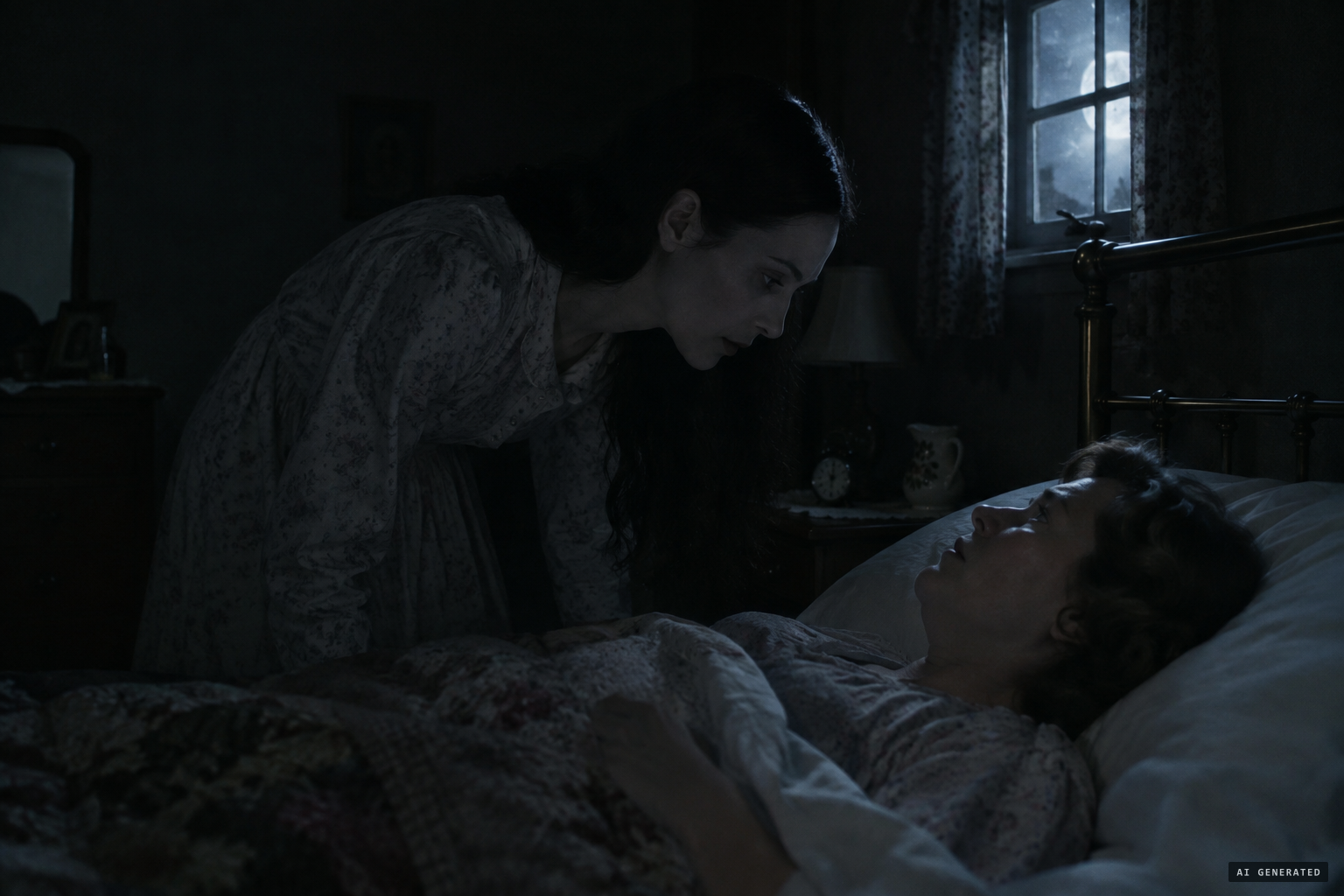 A deathly pale woman bending over the sleeping Mrs. Edmunds