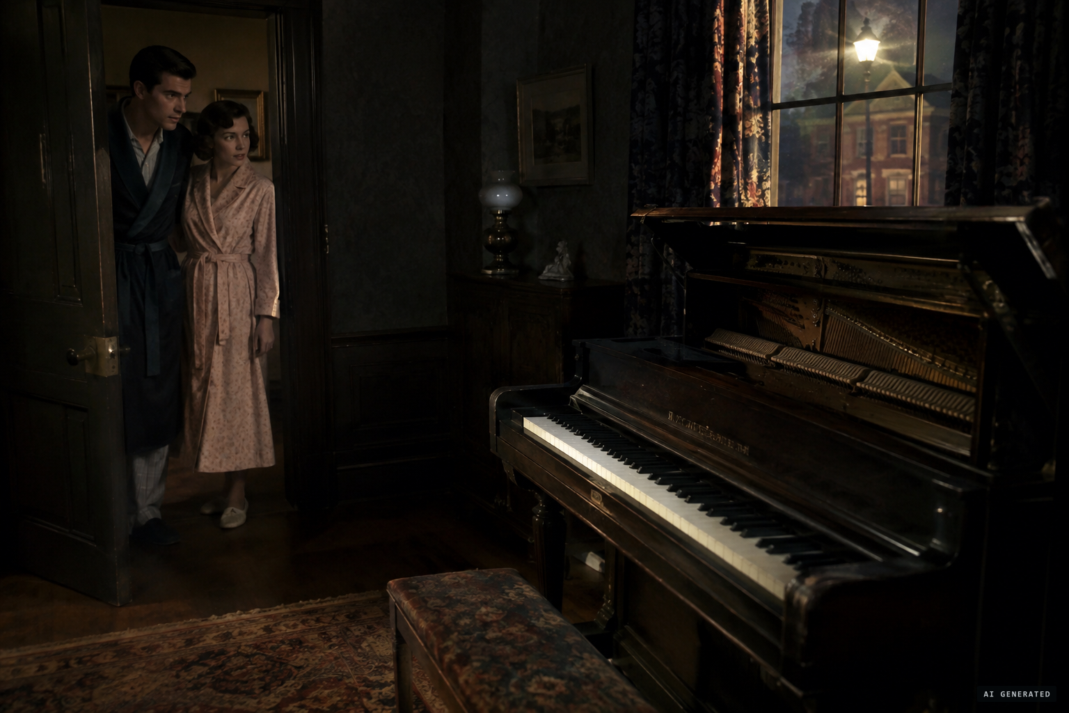 Music from the parlour piano wakes the Edmunds' son and daughter-in-law