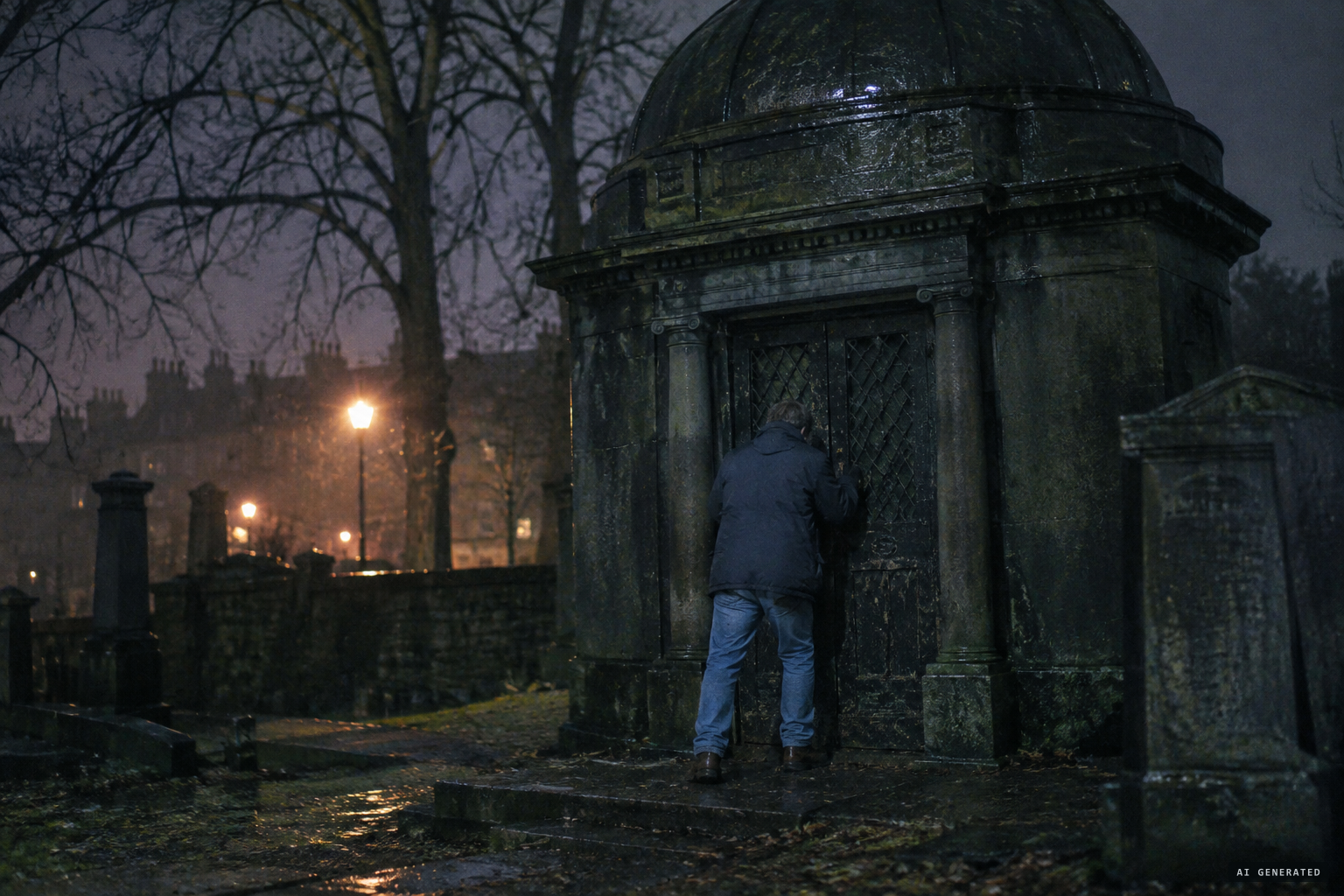 A homeless man breaks the lock of the mausoleum seeking shelter