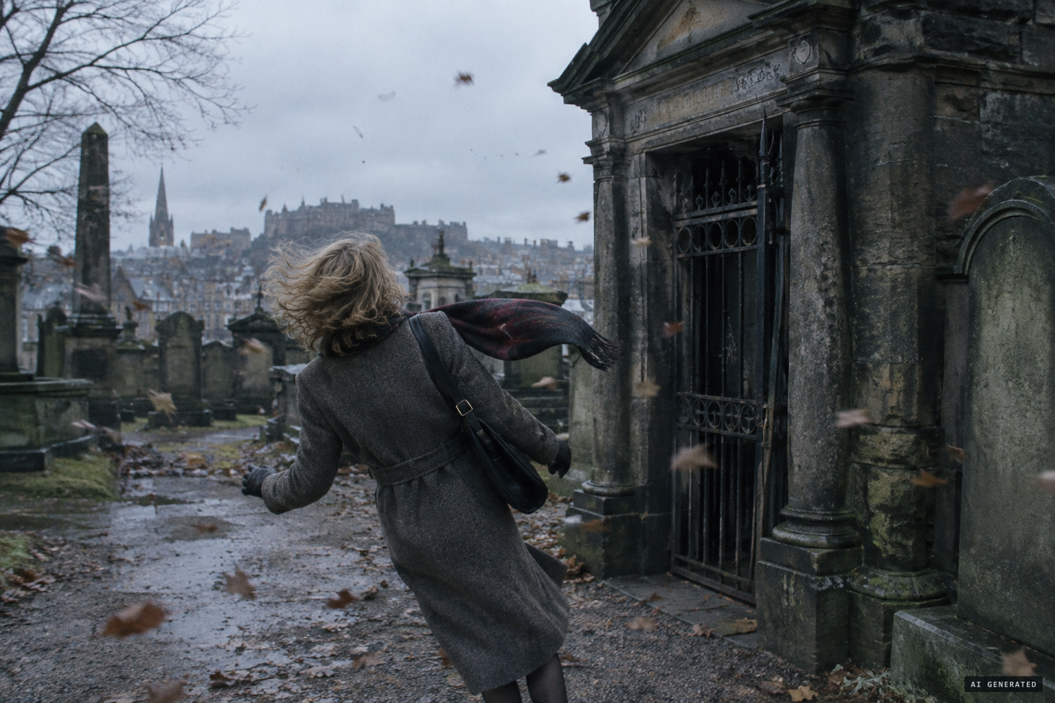 A woman blown back from the mausoleum by an icy blast of air