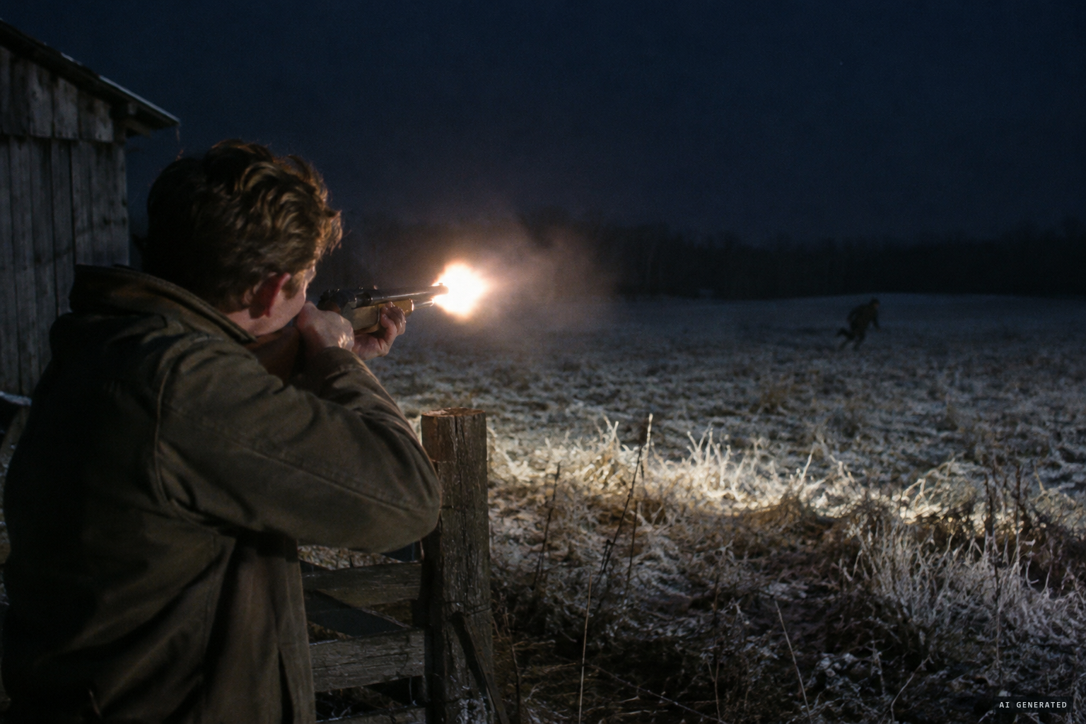 A Reedy son fires a shotgun at a man running across a field