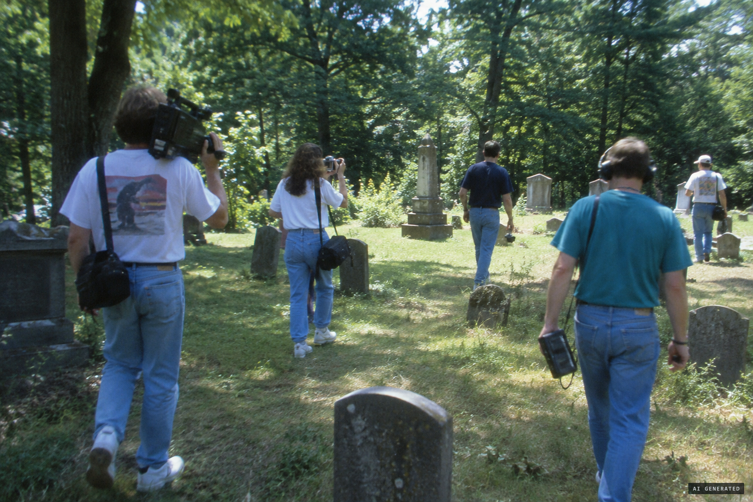 Ghost Research Society members arrive with cameras, tape recorders and camcorders, August 1991