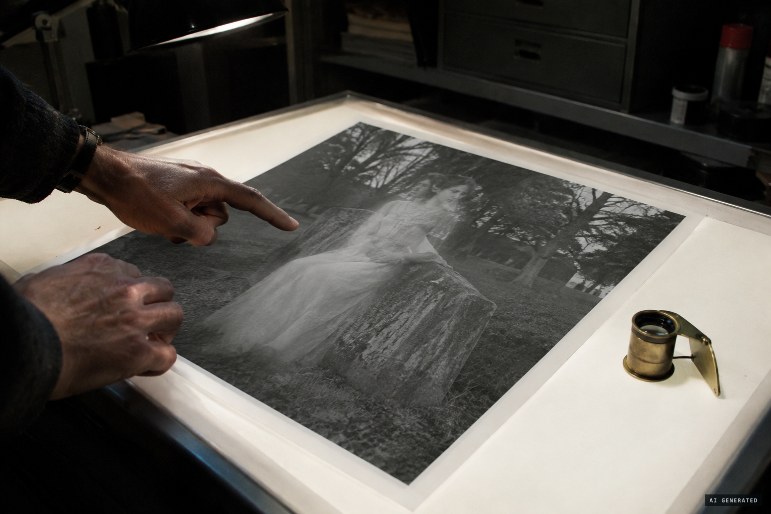 Photographers examine the print and rule out double exposure
