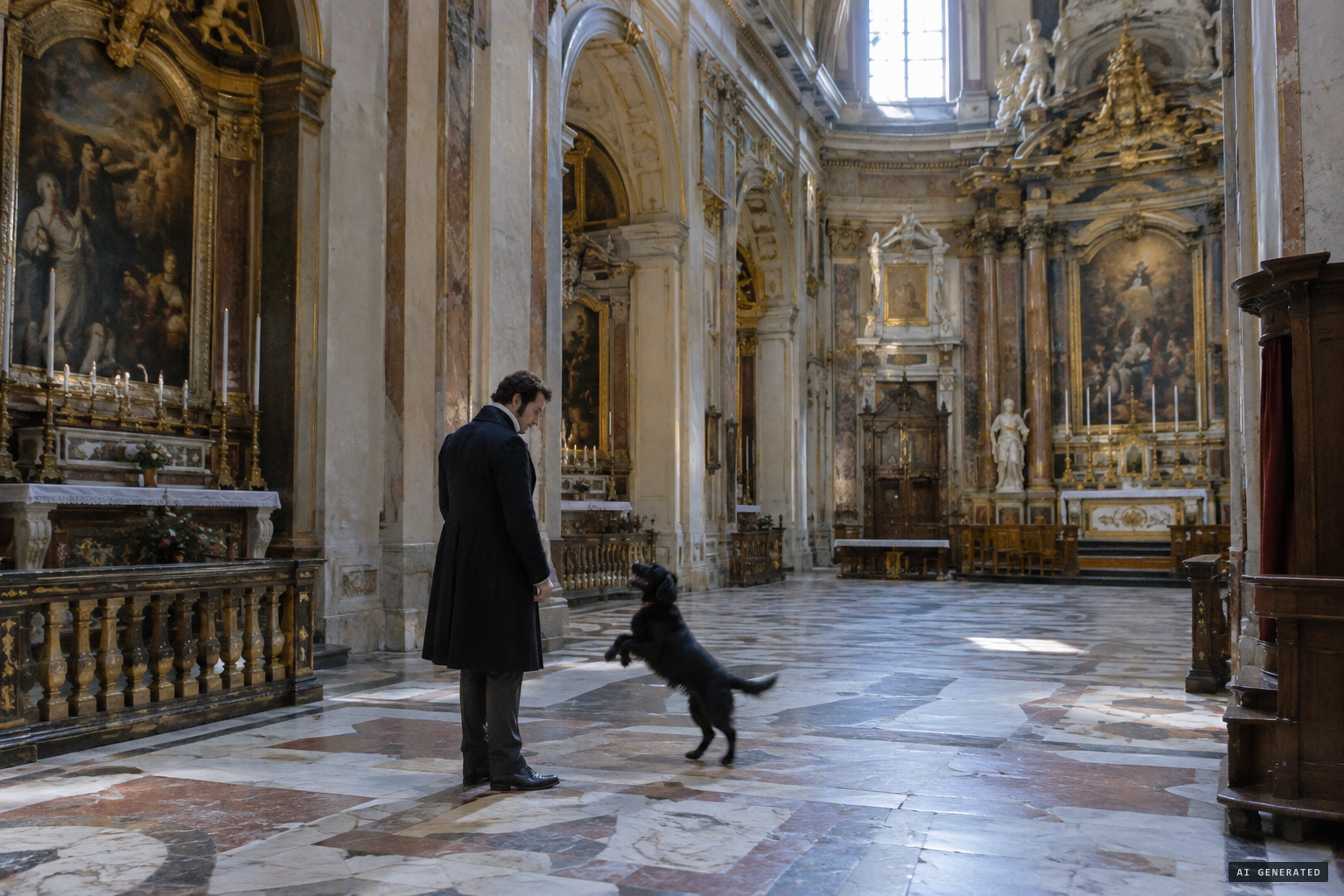 Waiting in the church, Ratisbonne sees a black dog jumping before him