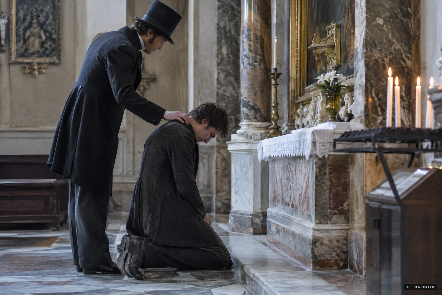 Bussières returns to find Ratisbonne kneeling in tears before St. Michael's chapel