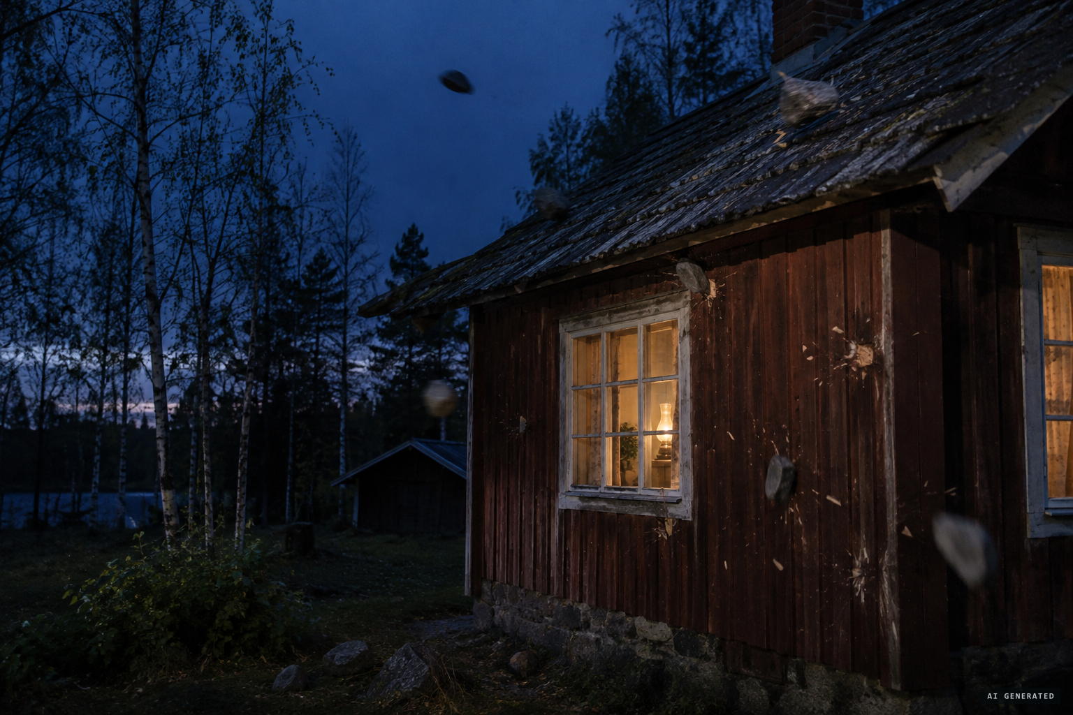 At dusk, stones begin to strike the house