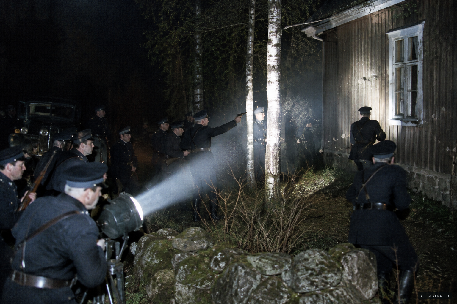 Police surround the house with a searchlight, yet the stones keep hitting the walls