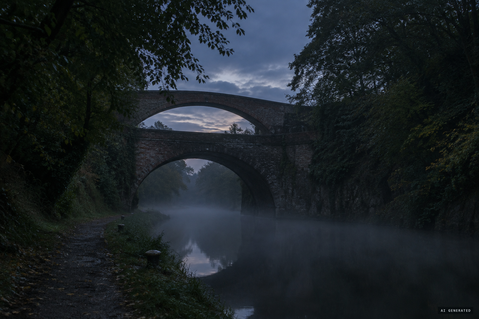 Telford's double-arched Big Bridge, with its strainer arch, in the uncanny cutting at night