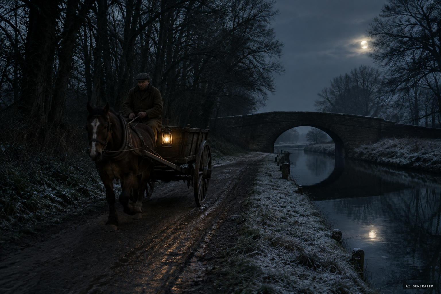 The labouring man, late on his return journey, comes to the canal bridge at 10 pm