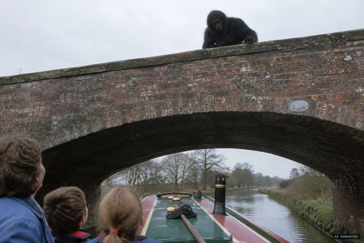 A huge black, hairy monkey looks down from a bridge at a passing boater