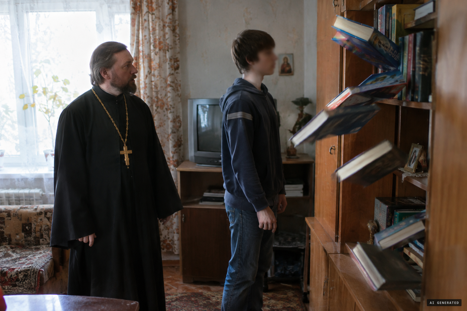 Encyclopedias fly from the shelf while the priest watches