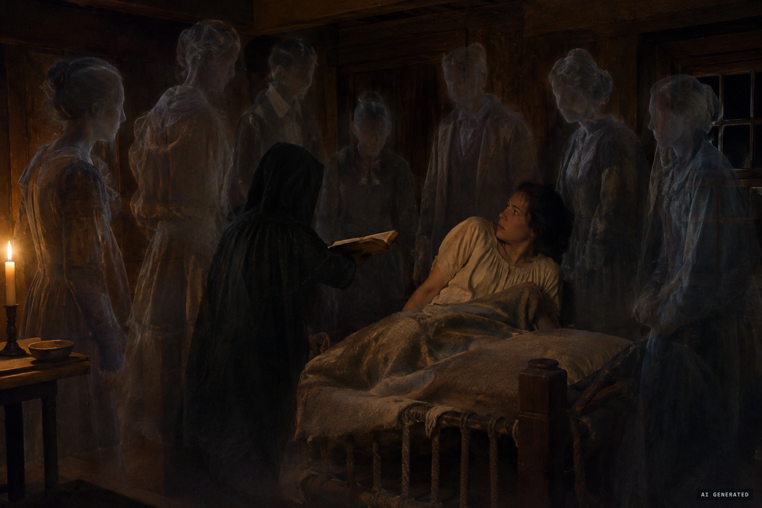 Eight cruel spectres and their Master press a book on her to sign