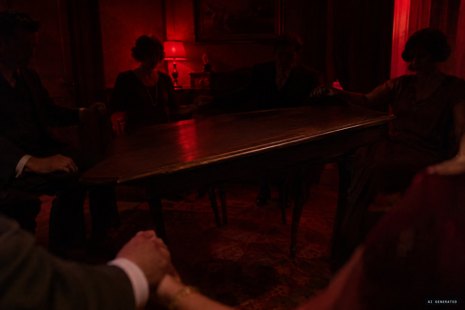 A table lifts in the dark as raps sound around the room