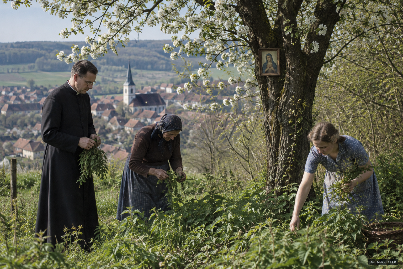 Humpf, Anna Humpf and Bärbel clear nettles where the Schönstatt Madonna hangs on a bird cherry tree