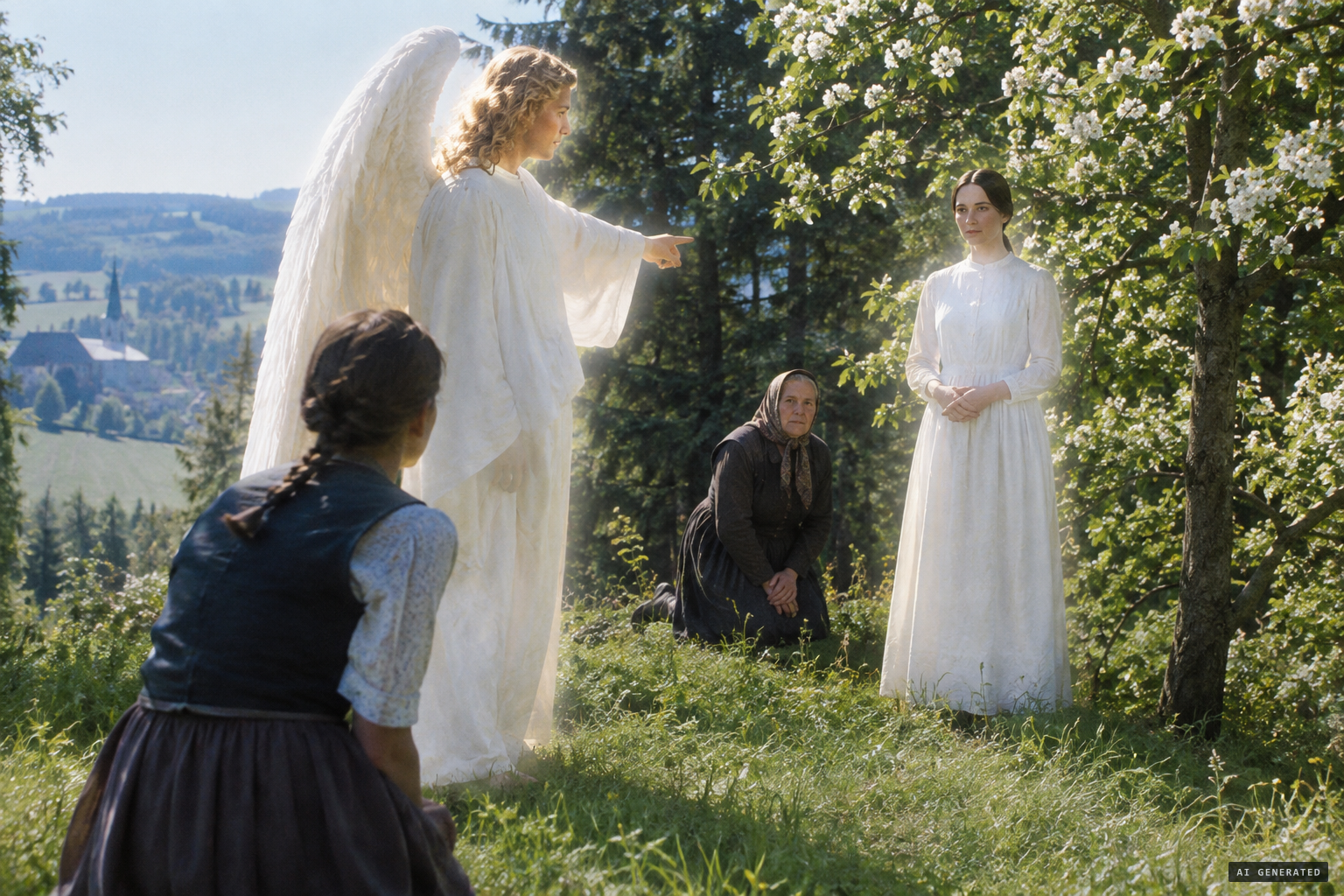The angel points, and the woman in white stands there: "I am the Mediatrix of all graces"