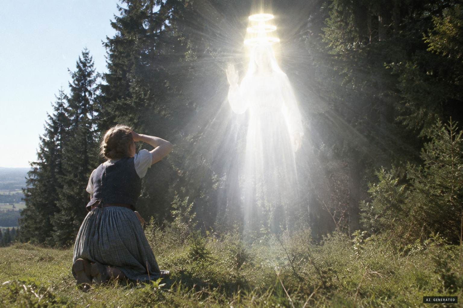 A blinding vision of pure light, crowned in three tiers, turns transparent as she blesses