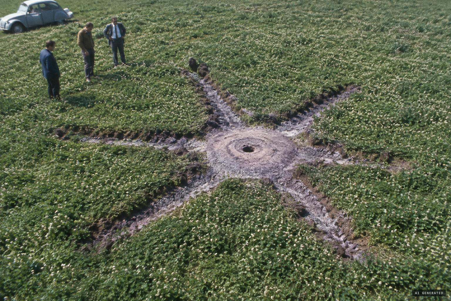 The six-pointed trace: a compacted central depression and six radiating furrows