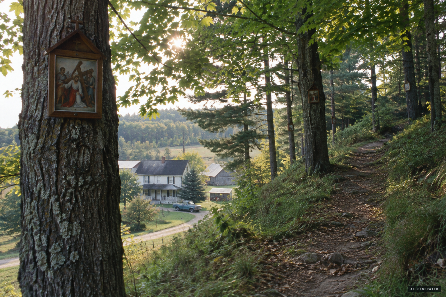 The Stations of the Cross hung on trees around the Greensides hillside