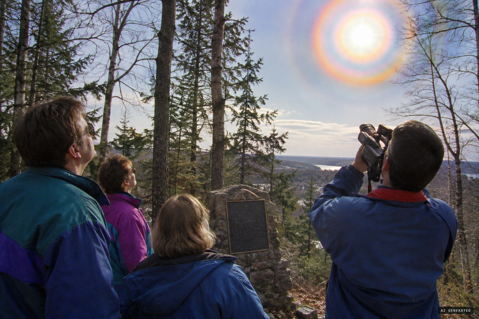 Visitors at the Tenth Station watch the sun pulsate in orange, blue and yellow