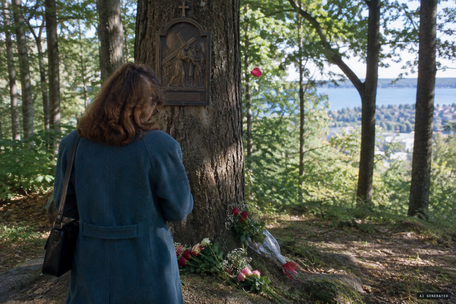 A rose petal reportedly lands on a pilgrim at the 14th Station