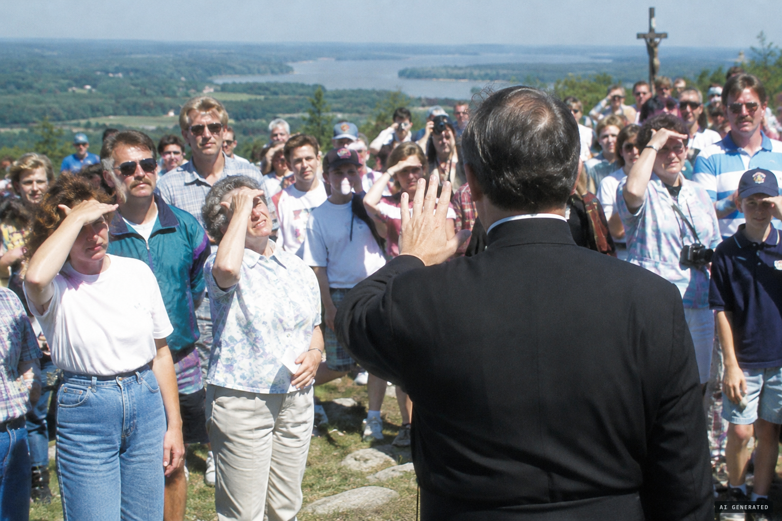 Pilgrims staring at the sun, which a bishop warned could cause harm