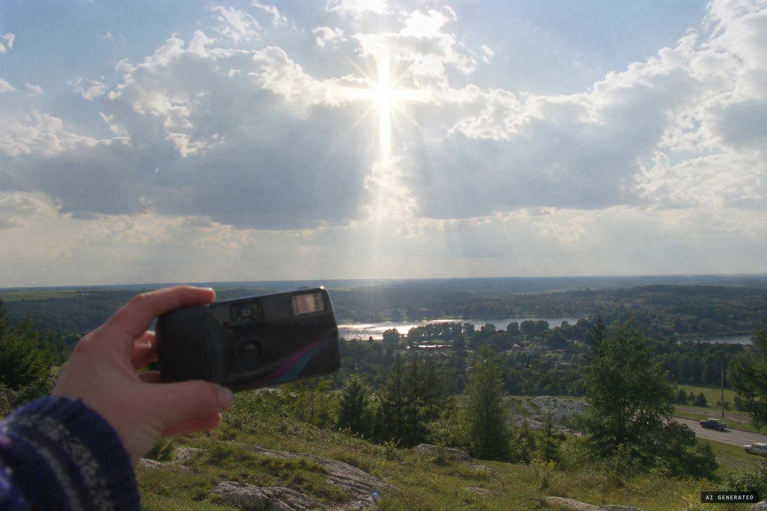 A pilgrim photographs a "solar Cross" in the sky