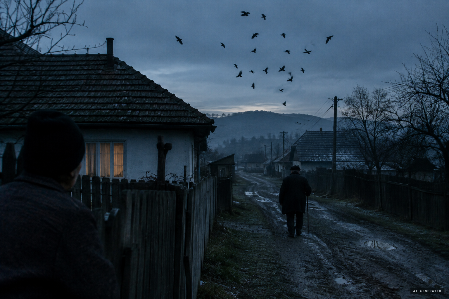 A villager sees Toma leave his house before dawn under a flock of crows