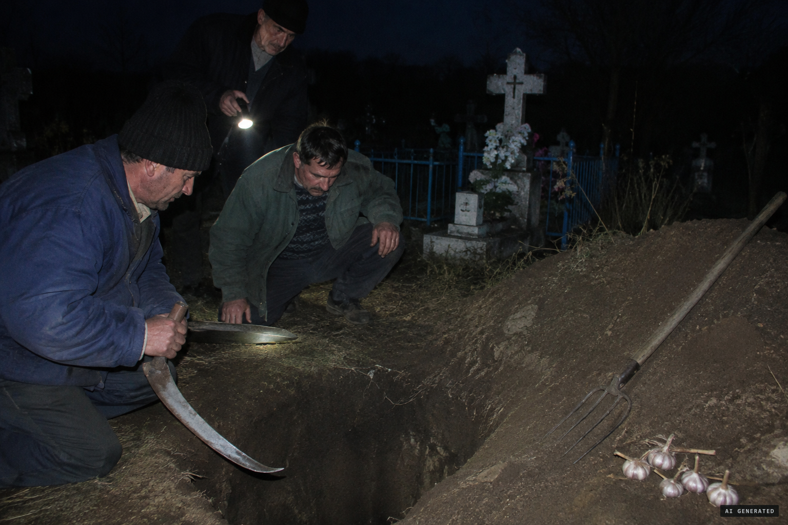 The grave is opened and the heart cut out with a scythe blade