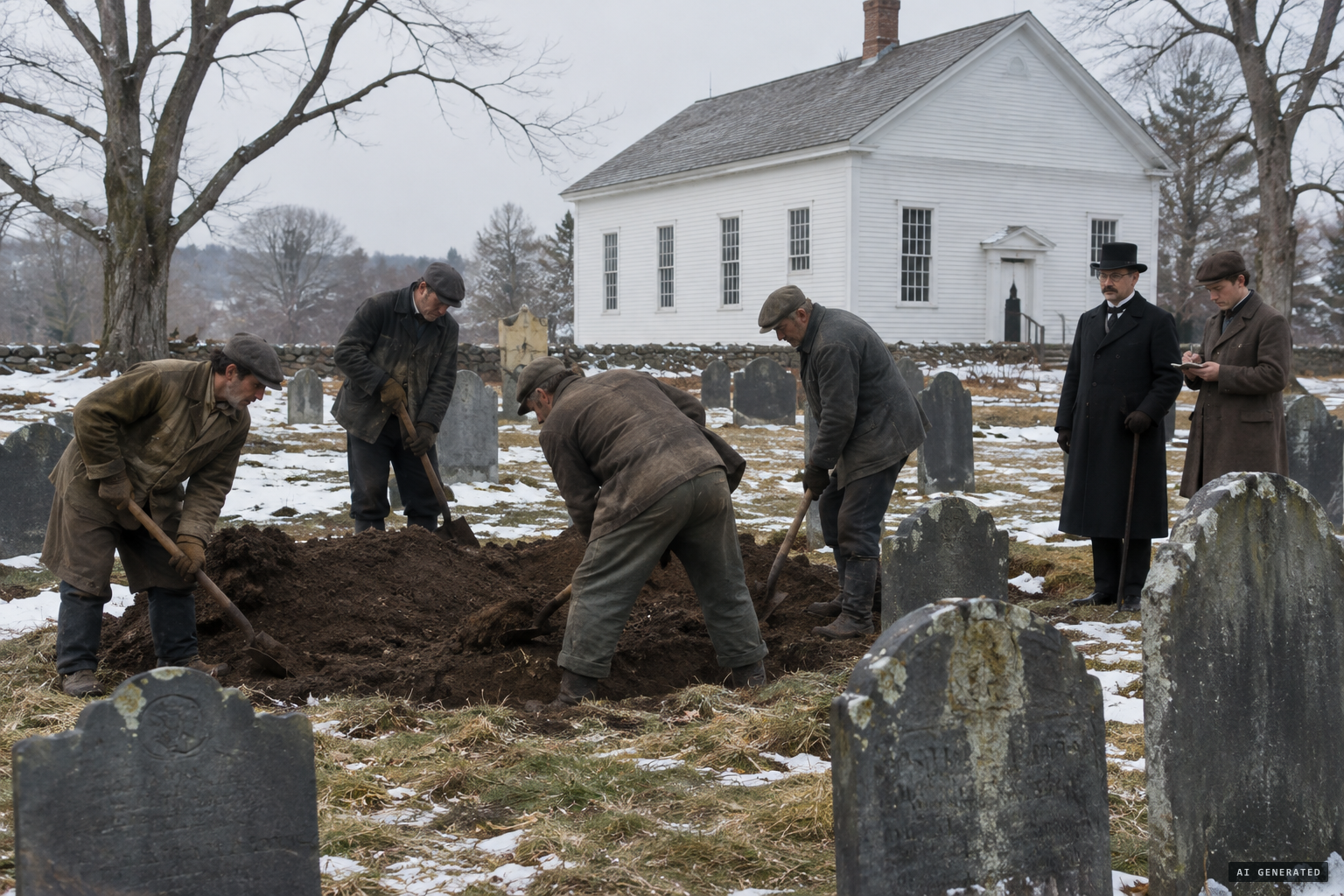 Exeter men dig at Chestnut Hill Cemetery as Dr. Metcalf and a reporter watch