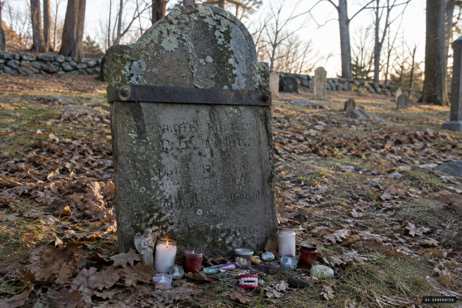 Mercy Brown's bolted-down headstone with visitors' offerings