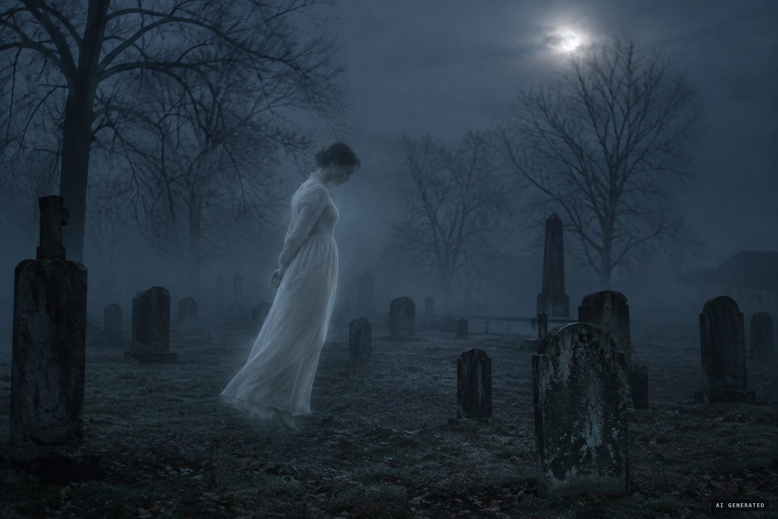 The woman in white, head bowed and hands clasped behind, among the graves
