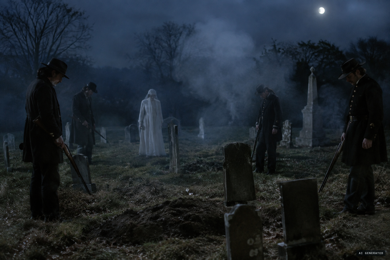 The figure holds its ground; only the graves are left