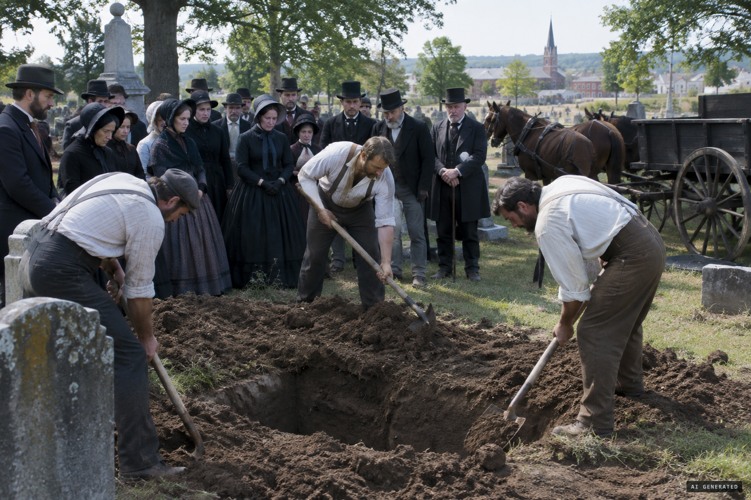 Townspeople exhume the remains of the Buss family