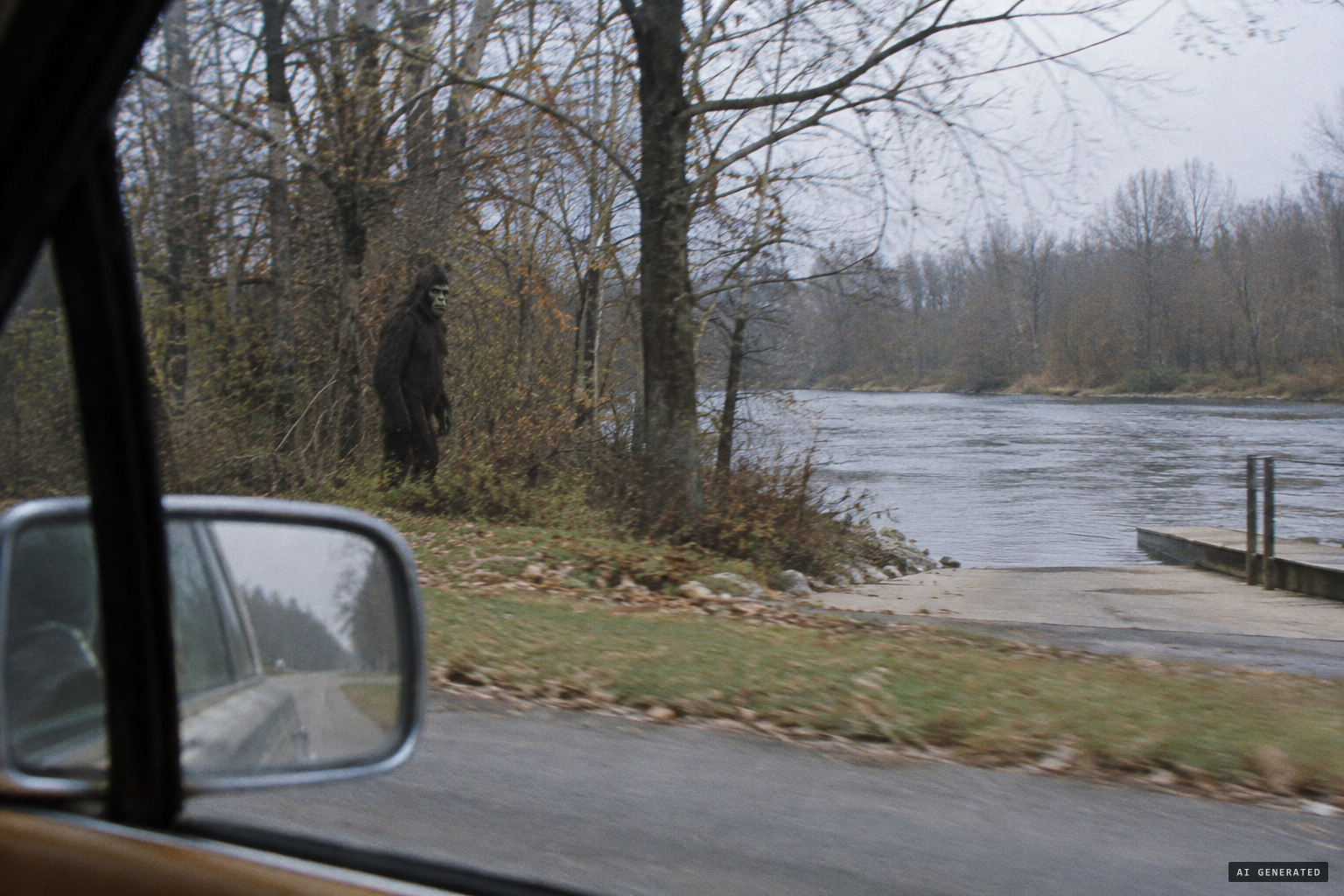 Near the boat ramp, witnesses see an upright creature with dark fur and a pale green face