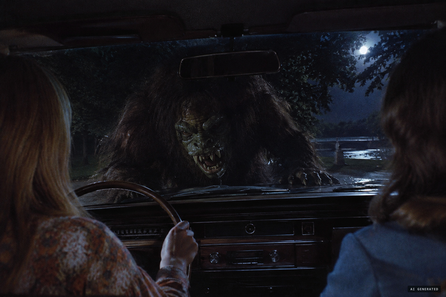 That night, the creature jumps on the hood and pounds on the windshield