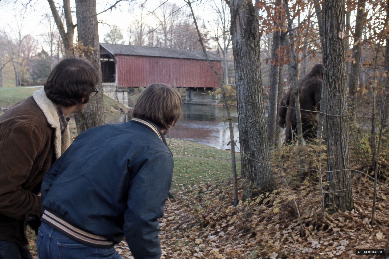 Two men see a large hairy 'thing' hiding near the covered bridge