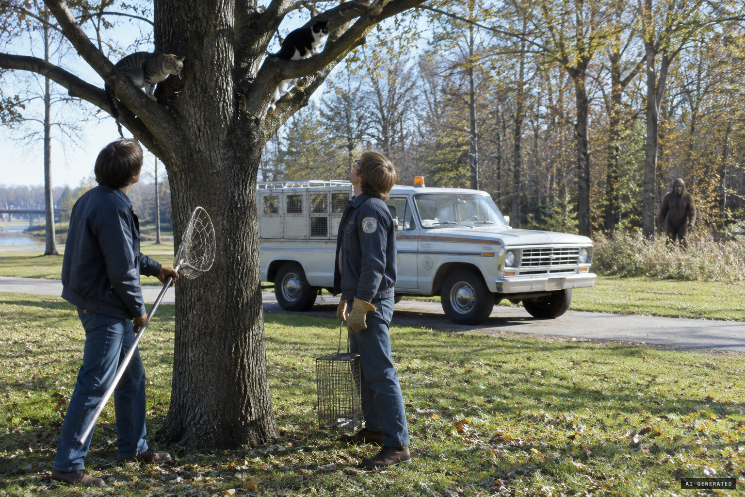 Dogcatchers Duckworth and Brown spot it while getting cats out of a tree
