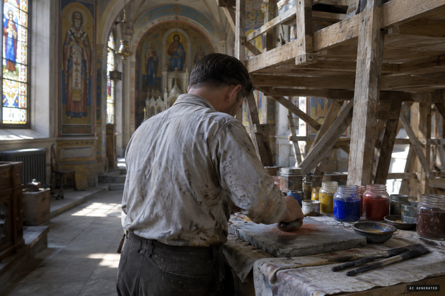 Vanka grinds his pigments from 7 a.m.