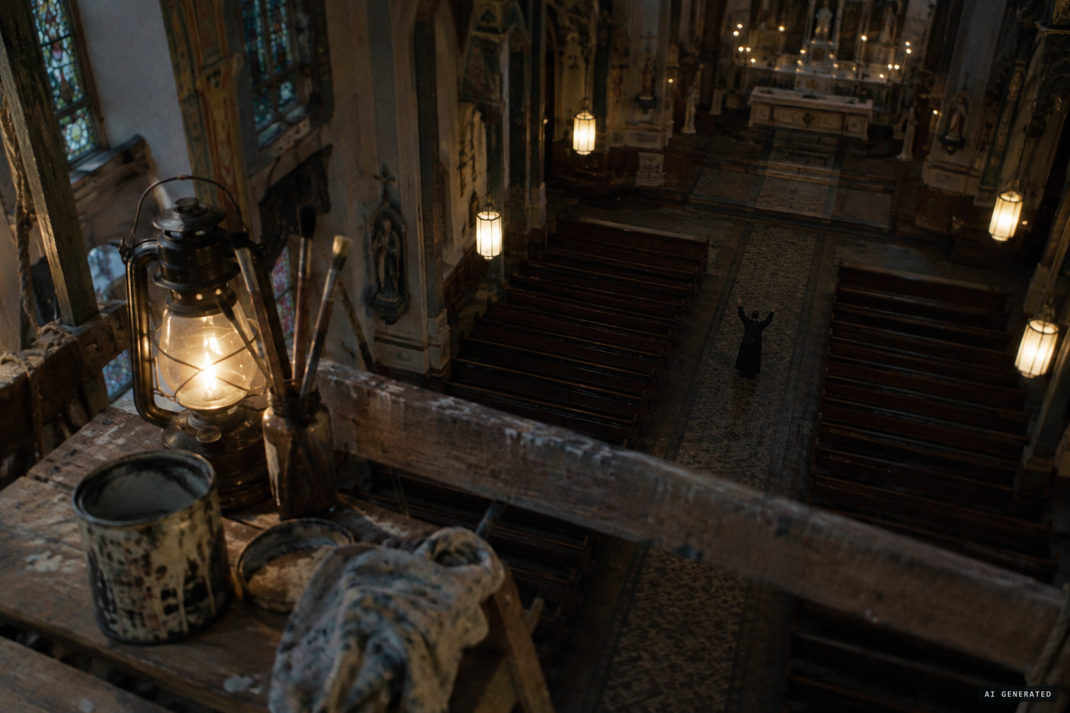 From the scaffolding, Vanka sees a robed figure moving its arms below