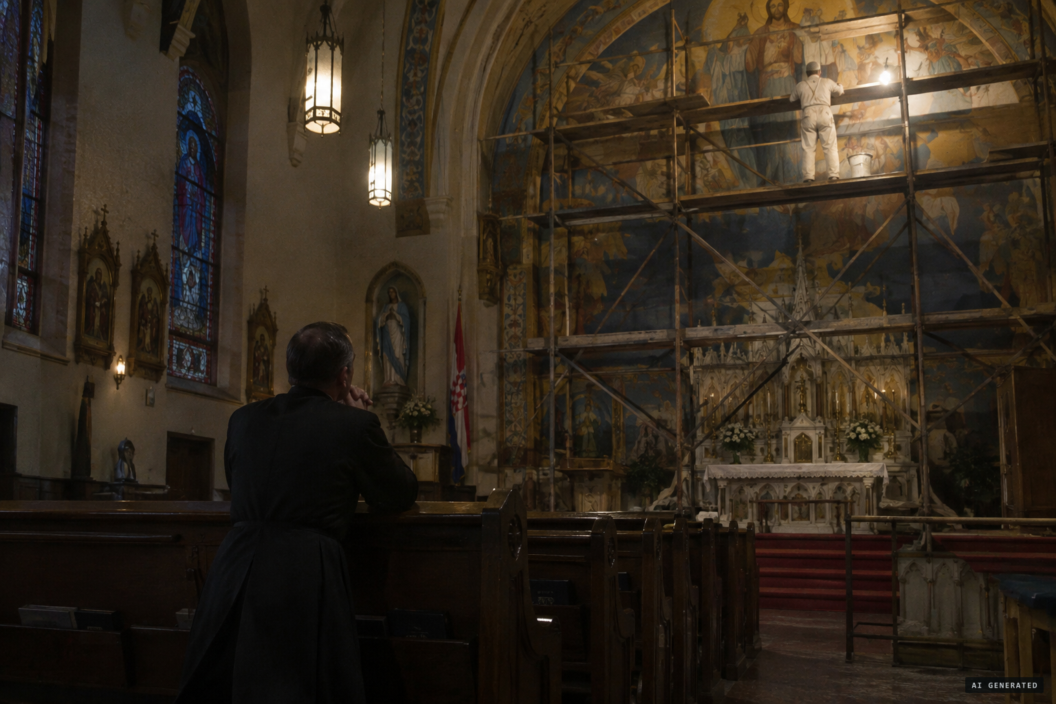 Father Zagar prays at night, afraid Vanka will see the ghost and fall