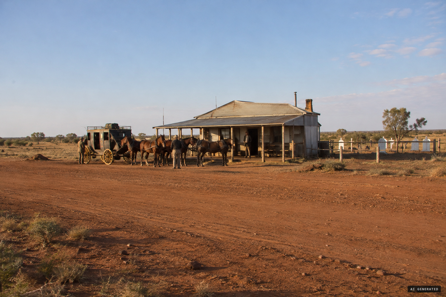 The Min Min Hotel, a pub and mail change on the Winton–Boulia coach road