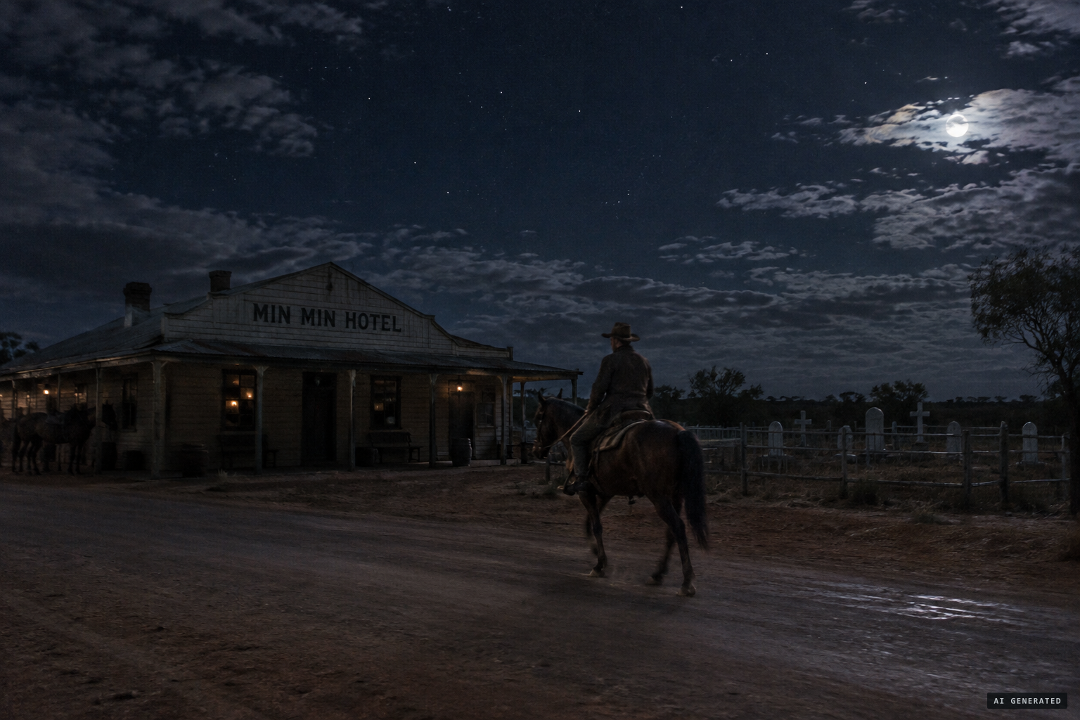 The stockman rides past the hotel and its cemetery at about 10 pm