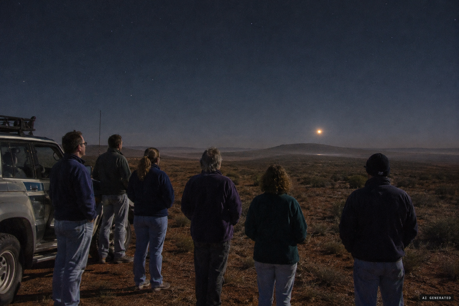 Observers watch distant car headlights appear as a Min Min light