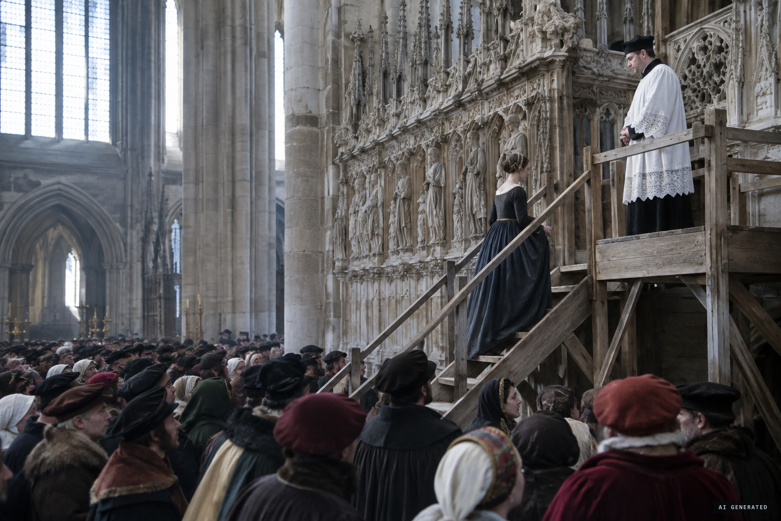 Each day she climbs the scaffold in Laon Cathedral