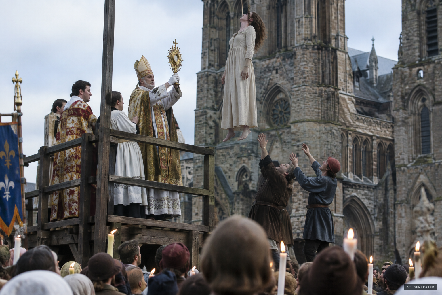 As the Host is raised, she is held suspended more than six feet high