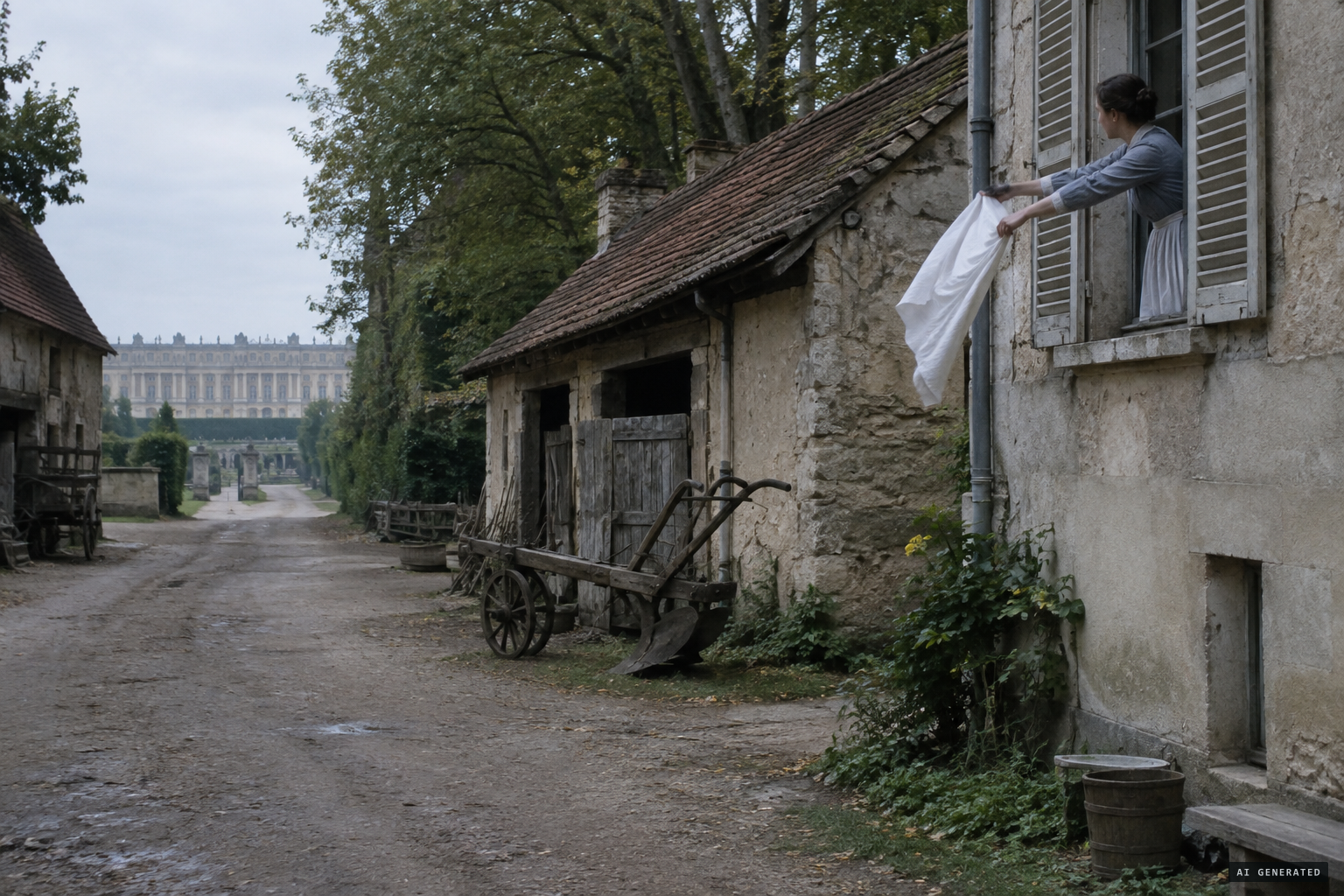 A woman shaking a white cloth; old farm buildings and an ancient plough