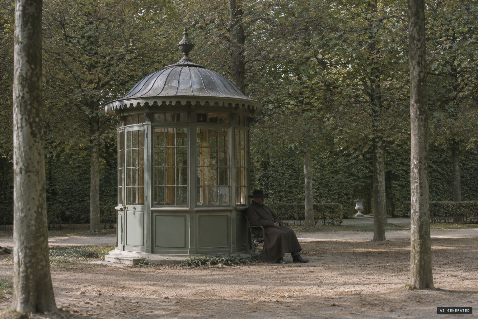 The cloaked man by the circular kiosk among tapestry-like trees