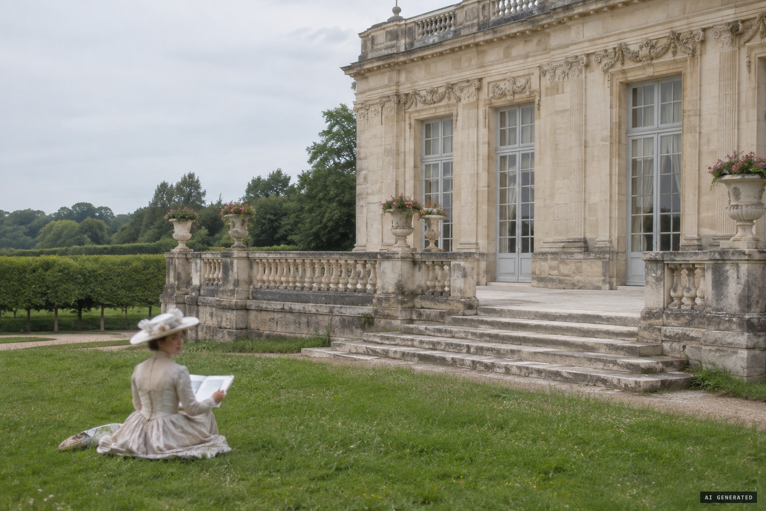 A lady in a shady white hat sketching on the grass