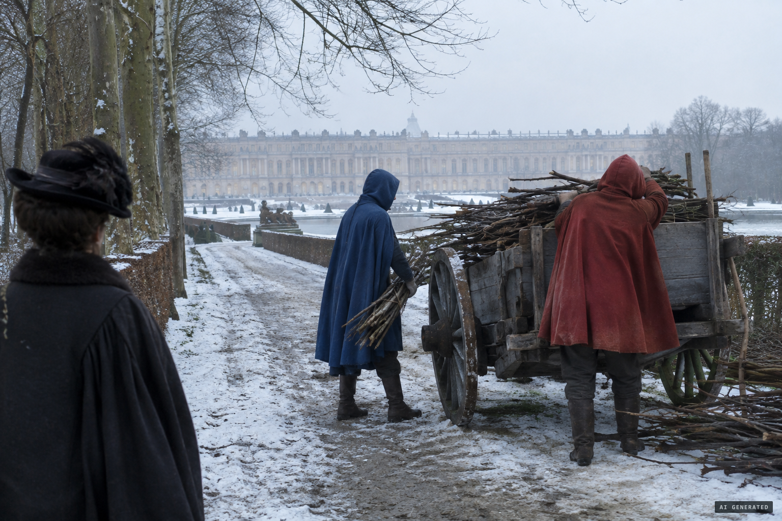 Two labourers in blue and red hooded capes load a cart with sticks